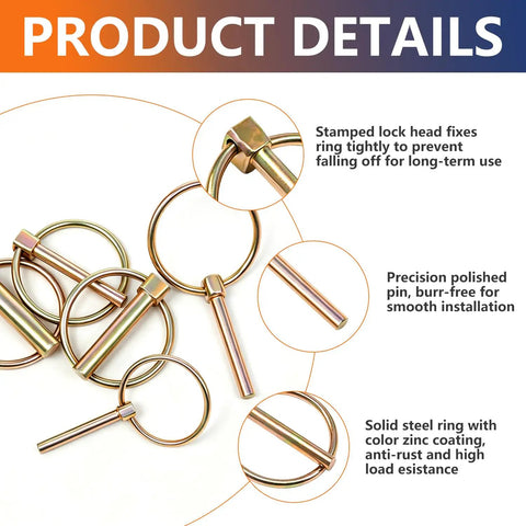 Close-up of heavy-duty O-type lynch pins with zinc coating from 12 Pack Lynch Pin Assortment Kit for Trailers and Mowers