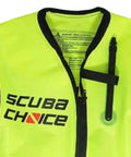 Close-up of Neon Yellow Snorkel Vest With Pockets for Adults High Visibility Adjustable Buoyancy Oral Inflator Mesh Pockets Fits Waist 30 to 52 Inches for Snorkeling Swimming and Water Sports, showing oral inflator detail.