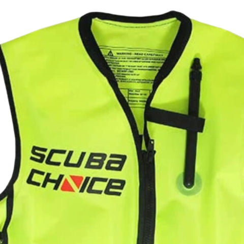 Close-up of Neon Yellow Snorkel Vest With Pockets for Adults High Visibility Adjustable Buoyancy Oral Inflator Mesh Pockets Fits Waist 30 to 52 Inches for Snorkeling Swimming and Water Sports, showing oral inflator detail.
