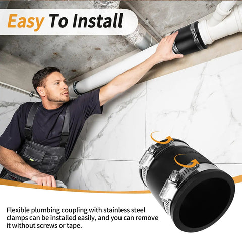 Man installing 2 Inch PVC Pipe Coupling With Rubber Hose Clamps For DIY Flex Connection And Drain Repair