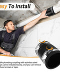Easy install Flexible PVC Pipe Coupling With Rubber Hose Clamps For 1-1/2 Inch Pipes Drain Repair And Dust Hose Connection on white pipe