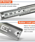 Close-up of Heavy Duty Drawer Slides With Lock, 16 Inch, 150 Lb Load Capacity, featuring ball bearings and rubber crash pads.