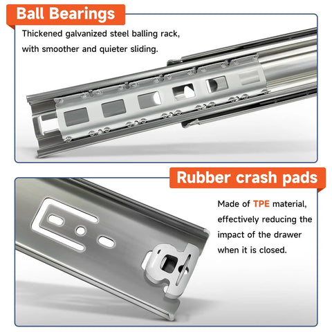 Close-up of beefy heavy duty drawer slides with ball bearings and rubber crash pads, 22 inch, thickened steel, TPE material.