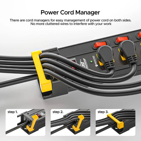Heavy Duty 12-Outlet Metal Power Strip With Individual Switches, 9 ft cord cable management detail, surge protector, garage use