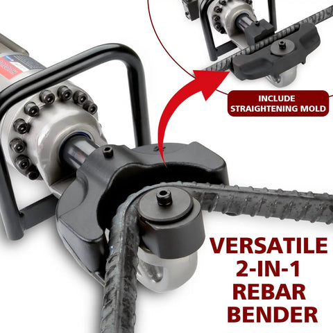 Pro 110V Electric Hydraulic Rebar Bender For Construction Pros Solid Steel Body 1200W Motor includes straightening mold for rebar.