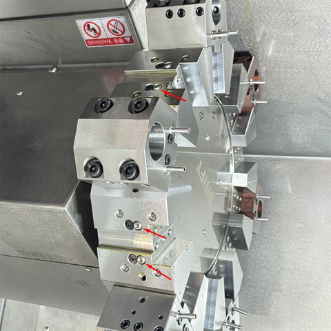 Side view of CNC lathe tool turret with screw-lock M6 304 stainless steel ball coolant nozzle modules