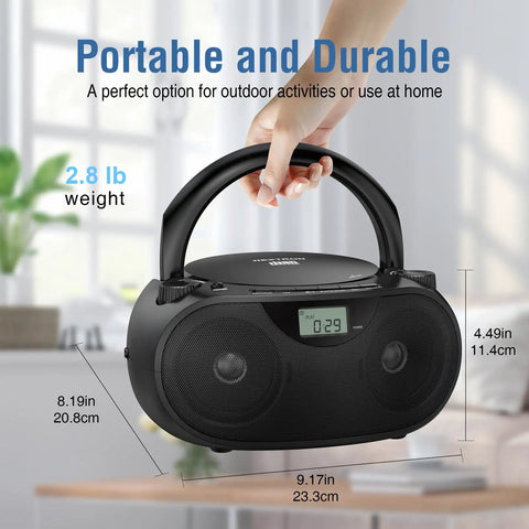 Portable CD Player Bluetooth Boombox With AM FM Radio USB Aux In Headphone Jack MP3 CD Compatible Bass Boost Stereo Sound