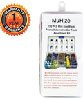 MuHize Upgraded Mini Fuse Kit With 120 Apm Atm Blade Fuses Assortment Box showing organized fuses and warranty label.