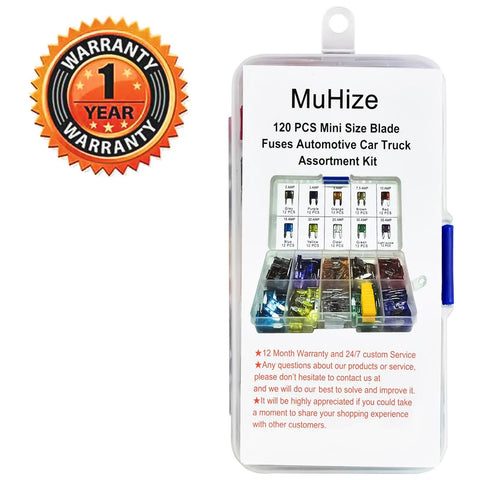 MuHize Upgraded Mini Fuse Kit With 120 Apm Atm Blade Fuses Assortment Box showing organized fuses and warranty label.