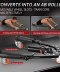 Upgrade Your Home Gym With This Badass 3 In 1 Twister Arm Trainer showing kneeling and standing ab roller uses with removable wheels.