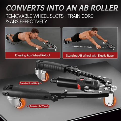 Upgrade Your Home Gym With This Badass 3 In 1 Twister Arm Trainer showing kneeling and standing ab roller uses with removable wheels.