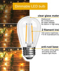 24 Ft Outdoor Hanging String Lights With 12 Vintage S14 LED Bulbs Heavy Duty 120V Plug In Connectable And Dimmable Patio Lighting In Warm 2700K Glass Bulbs For Cozy Backyard Vibes with clear glass material, 2 filaments, and anti-rust base