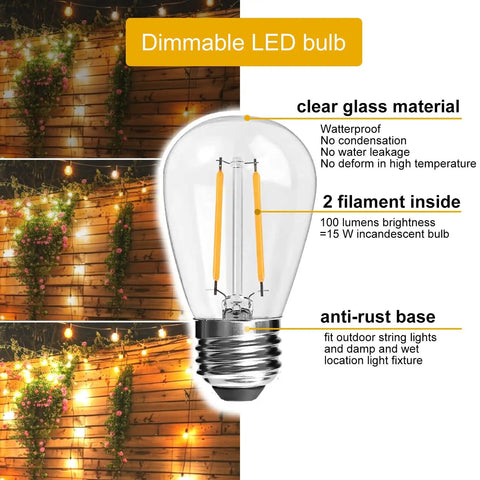 24 Ft Outdoor Hanging String Lights With 12 Vintage S14 LED Bulbs Heavy Duty 120V Plug In Connectable And Dimmable Patio Lighting In Warm 2700K Glass Bulbs For Cozy Backyard Vibes with clear glass material, 2 filaments, and anti-rust base