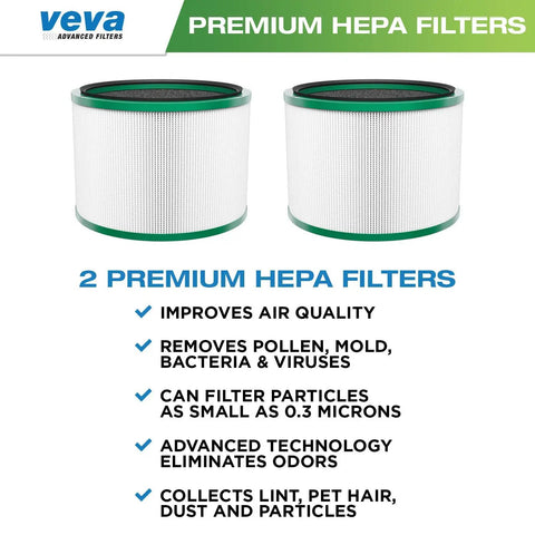 Image of Two Pack Premium HEPA Replacement Filter For Dyson Pure Cool Link DP01 DP02 And Dyson Pure Hot And Cool Link HP01 HP02 Keeps Your Air Fresh And Clean At Home No Fuss, showing two cylindrical filters with green trim and text listing benefits like improved air quality and odor elimination.