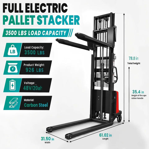 Heavy Duty Electric Walkie Pallet Jack With Stack Function Boasts A Massive 3500 Lbs Load Rating And Powerful 78.8 Inch Lift Height For Your Warehouse Routines, showcasing dimensions and specifications.