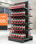 Hardcore Heavy Duty Double Sided Metal Shelving Unit With Adjustable Four Tier Steel Storage Rack For Garage Kitchen Warehouse And Retail Display Stand, loaded with water containers.