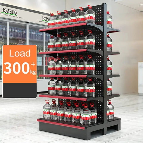 Hardcore Heavy Duty Double Sided Metal Shelving Unit With Adjustable Four Tier Steel Storage Rack For Garage Kitchen Warehouse And Retail Display Stand, loaded with water containers.