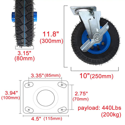 Tough As Nails Heavy Duty Industrial Casters With 8In And 10In Pneumatic Rubber Tires dual ball bearings with steel mounts and brakes.