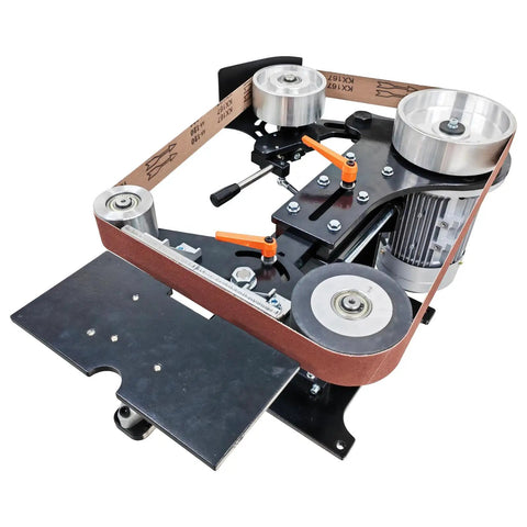 Heavy Duty Variable Speed Belt Sander Polisher With 72X2 Inch Belt For Metal Welds And Knife Sharpening Rock Solid 220V Motor close-up view of grinding mechanism.