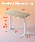 Compact 32 Inch Electric Standing Desk With Four Memory Height Settings, dimensions highlighted, in Light Walnut Finish.