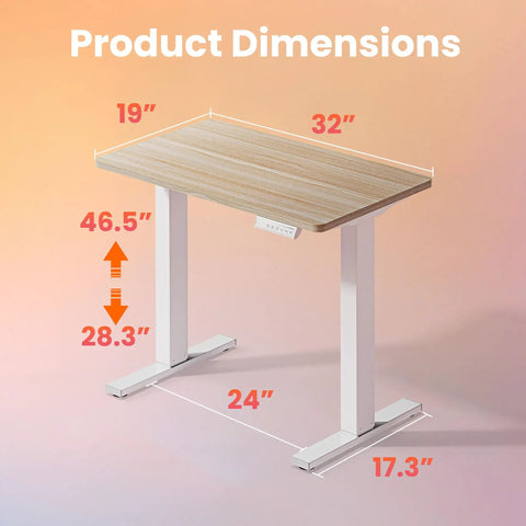 Compact 32 Inch Electric Standing Desk With Four Memory Height Settings, dimensions highlighted, in Light Walnut Finish.