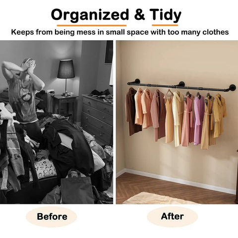Before and after using Wall Mounted Clothes Rack 72.5in Industrial Pipe Vibe Heavy Duty Detachable Iron Garment Bar Save Space