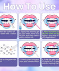 Instructional guide for Tooth Gem Kit for Teeth Beginners with Colorful Crystal Gems and Essential Tools, featuring six steps.