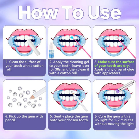 Instructional guide for Tooth Gem Kit for Teeth Beginners with Colorful Crystal Gems and Essential Tools, featuring six steps.