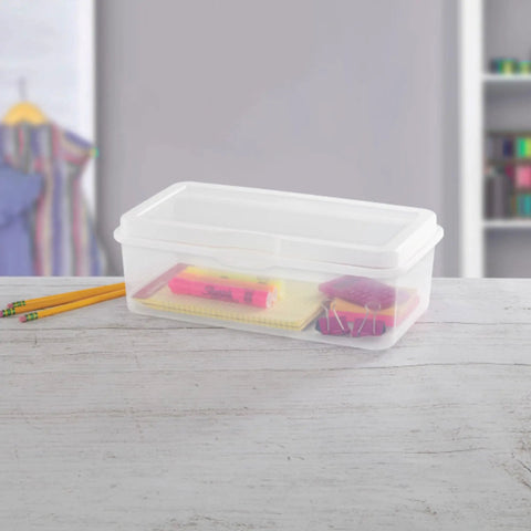 Front view of a Six Pack Large Clear Plastic Storage Box With Hinged Lid, Stackable Multipurpose Organizer on a table