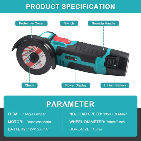 3 Inch Mini Cordless Angle Grinder With Brushless Motor Delivers 19500 RPM For Quick Metal Polishing And Wood Cutting 12V Power Cut Off Tool Includes 2 Batteries And 8 Cutting Wheels Beast Portable Blue product specifications and features.