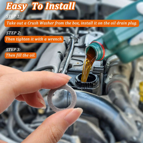 580 Piece Aluminum Oil Drain Plug Washer Set for Your Ride and More, 18 Sizes From M6 To M24, shown with installation steps