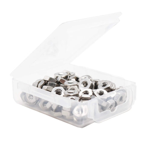 100 Pack 2-56 Coarse Thread Hex Lock Nuts Crafted From Premium 304 Stainless Steel in a clear plastic storage tray.