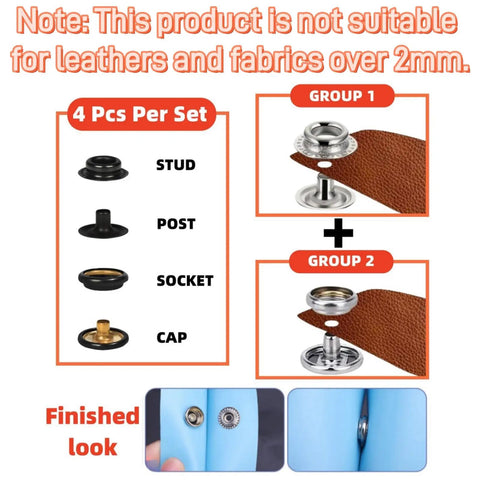Heavy Duty Snap Button Kit With 100 Sets Of 15mm Metal Snaps showing four components for clothing, leather, and canvas.