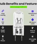 20 Watt Xenon Halogen G8 Bi Pin Light Bulbs, Dimmable 3000K Bright White, 170 Lumens, 90 Plus CRI, Cool, Long Lasting Under Cabinet Accent Display And Task Lighting, 3 Pack with benefits and features.