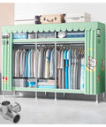 Portable Closet Wardrobe With Three Hanging Rods And Three Tier Shelves For Compact Rooms, green fabric armoire with clothes and shelves.