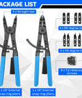 Image of a 16 Inch Snap Ring Pliers Set Heavy Duty 2 Piece Internal And External Circlip Pliers With Interchangeable Straight 45 Degree And 90 Degree Tips For Precision Assembly And Quick Ring Removal Built For Shop And Home Use Pro Grade Ready, showcasing pliers and interchangeable tips set.