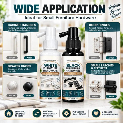 Image of Cabinet Hardware Spray Paint, Quick-Dry Refinish for Knobs & Hinges; shows before and after of handles and sprays.