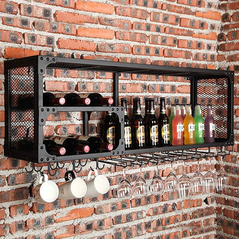 Industrial Wall Mounted Wine Rack With Stemware Holders Two Tier Iron Bar Shelf Bottle Display For Home Kitchen Decor showcasing drinks and glassware.