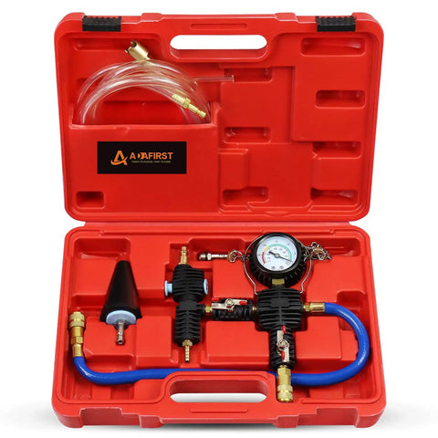 Coolant Vacuum Refill Kit With Universal Hoses For Cars Motorcycles And Trucks Purge And Fill Tool For Radiator Refilling Pro Grade All In One Airlift Compatible Automotive Cooling System Filler Red in red carrying case