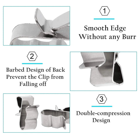 Close-up of Heavy Duty Solar Panel Cable Clips Bulk 60 Pack stainless steel wire mounts showing smooth edges and barbed back design.