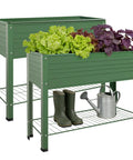Two Pack Raised Garden Beds Made From Galvanized Steel Planter Boxes With 400 Lb Capacity, Five Drainage Holes And Two Flow Channels visible with plants and gardening tools.
