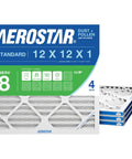 Universal 12x12x1 MERV 8 Air Filter For HVAC Systems, 4 Pack, Actual Size 11.75 X 11.75 X 0.75 Inches, front view of packaging