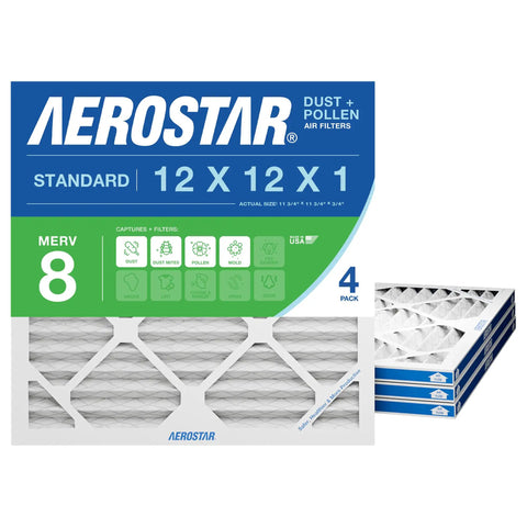 Universal 12x12x1 MERV 8 Air Filter For HVAC Systems, 4 Pack, Actual Size 11.75 X 11.75 X 0.75 Inches, front view of packaging