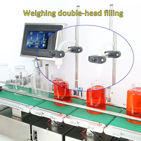 Plug And Play Automatic Two Nozzle Liquid Filler With Digital Screen Precision Weighing Tech for Juice Wine Bottling, showing dual nozzles filling jars.