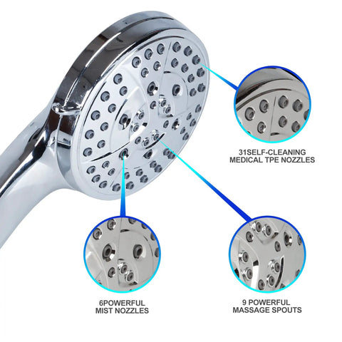 Close-up of High Pressure Handheld Shower Head Kit With 7 Modes showing nozzle features like spray, mist, and massage options.