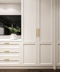 White cabinet with 10 Pack Adjustable Cabinet Drawer Pulls 102mm 4 Inch Brushed Brass Drawer Handles Dresser Hardware installed