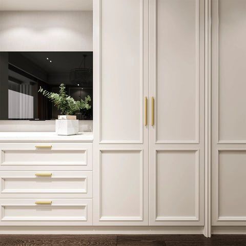 White cabinet with 10 Pack Adjustable Cabinet Drawer Pulls 102mm 4 Inch Brushed Brass Drawer Handles Dresser Hardware installed