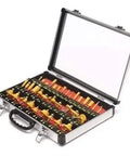 Heavy Duty Thirty Five Piece Tungsten Carbide Router Bit Set For Woodworkers With One Quarter Inch Shank in a storage case.