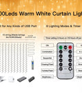 Diagram showing Christmas Curtain Lights 300 LED 9.8 By 9.8 Feet with remote control and lighting modes.