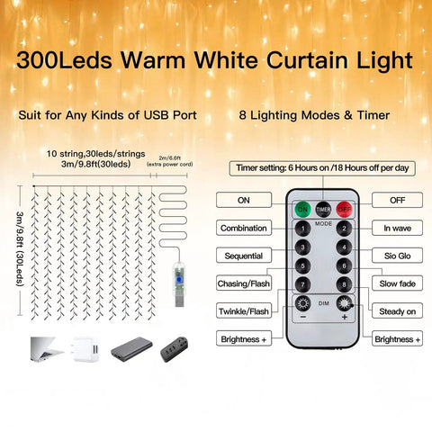 Diagram showing Christmas Curtain Lights 300 LED 9.8 By 9.8 Feet with remote control and lighting modes.